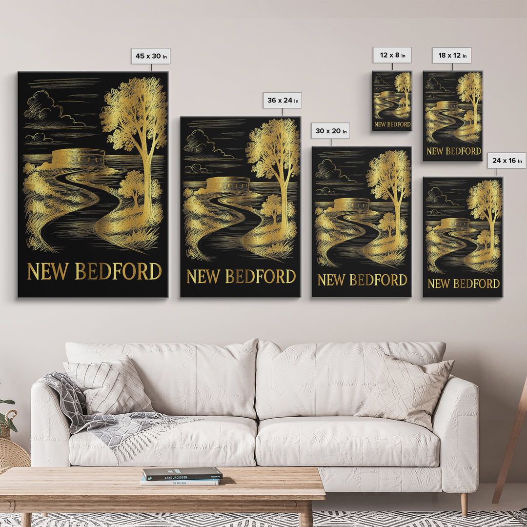 New Bedford Travel Poster, Framed Canvas Print, Elegant Gold City Art, New Bedford Wall Art, City Travel Prints, Gift For Travelers