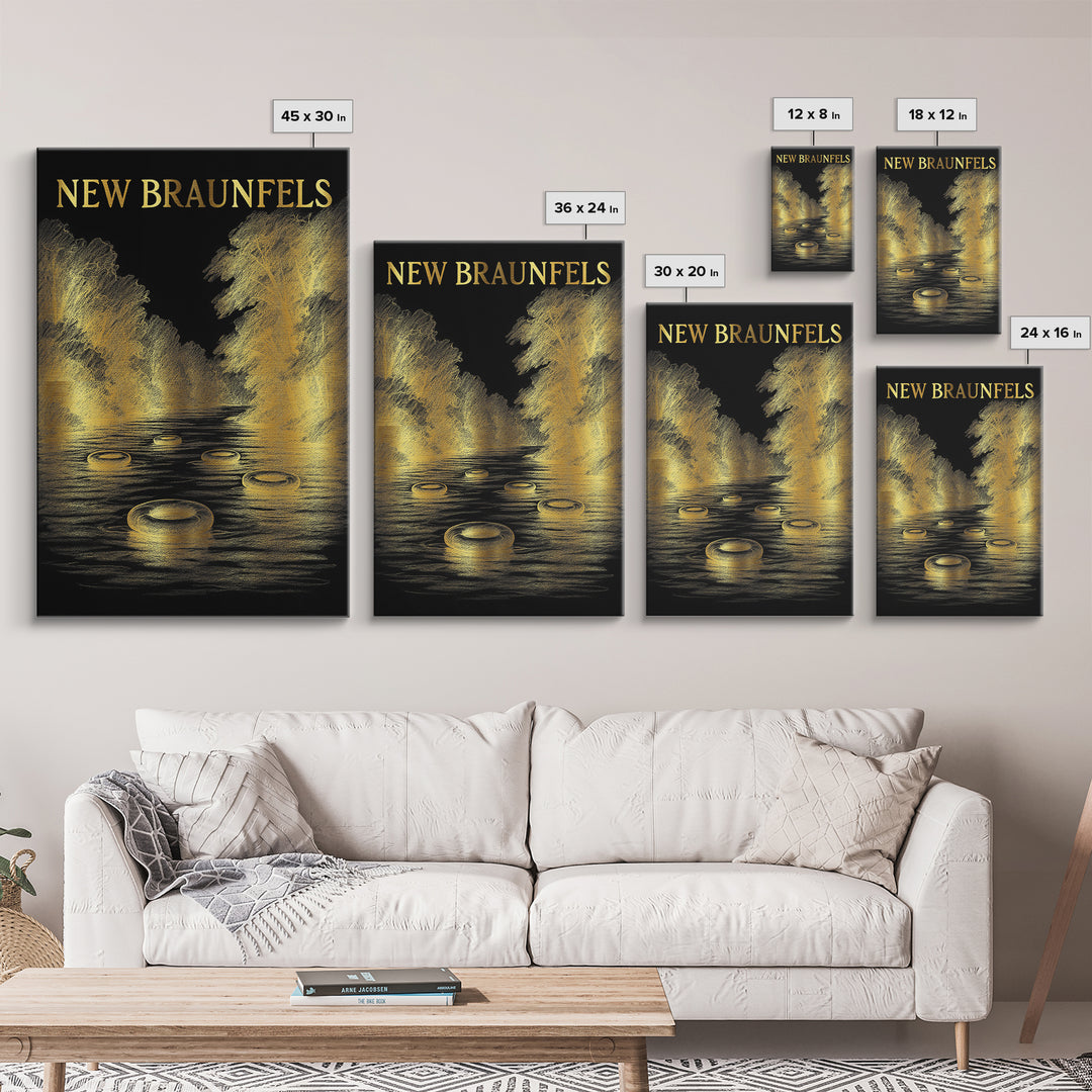 New Braunfels Texas Travel Poster, Canvas Print, Black And Gold Line Art, New Braunfels Art Print, Mid Century Wall Art, Vintage City Art