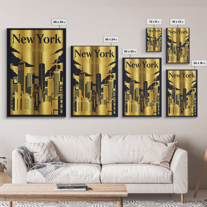 New York Travel Poster, Canvas Print, Black And Gold Line Art, New York Poster Print, Watercolor Skyline, City Illustration, Design 4