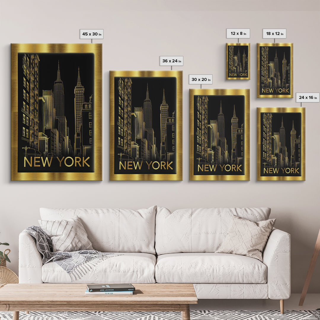 New York Travel Poster, Canvas Print, Black And Gold Line Art, New York Travel Art, City Travel Prints, Travel Poster Set, Travel Wall Art
