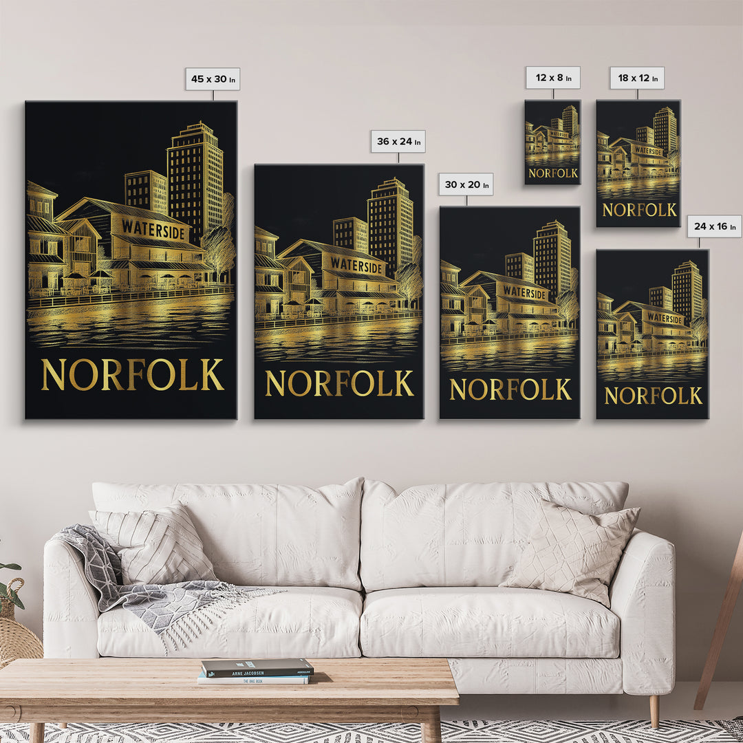 Norfolk Travel Poster, Framed Canvas Print, Gold Sketch Wall Art, Norfolk Wall Art, Home Office Decor, Wanderlust Decor, Gift For Travelers