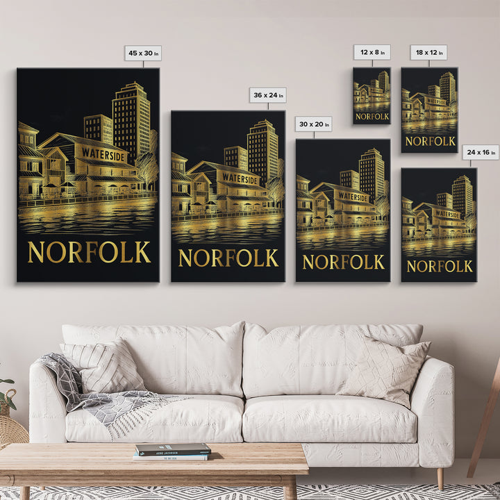 Norfolk Travel Poster, Framed Canvas Print, Gold Sketch Wall Art, Norfolk Wall Art, Home Office Decor, Wanderlust Decor, Gift For Travelers
