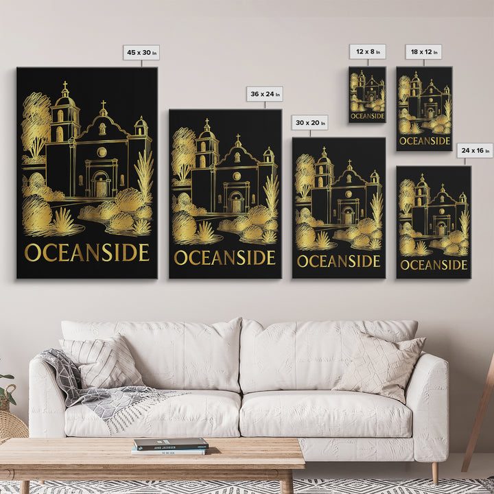Oceanside Travel Poster, Framed Canvas Print, Black And Gold Line Art, Oceanside Travel Art, Fine Art Print, Eclectic Wall Decor