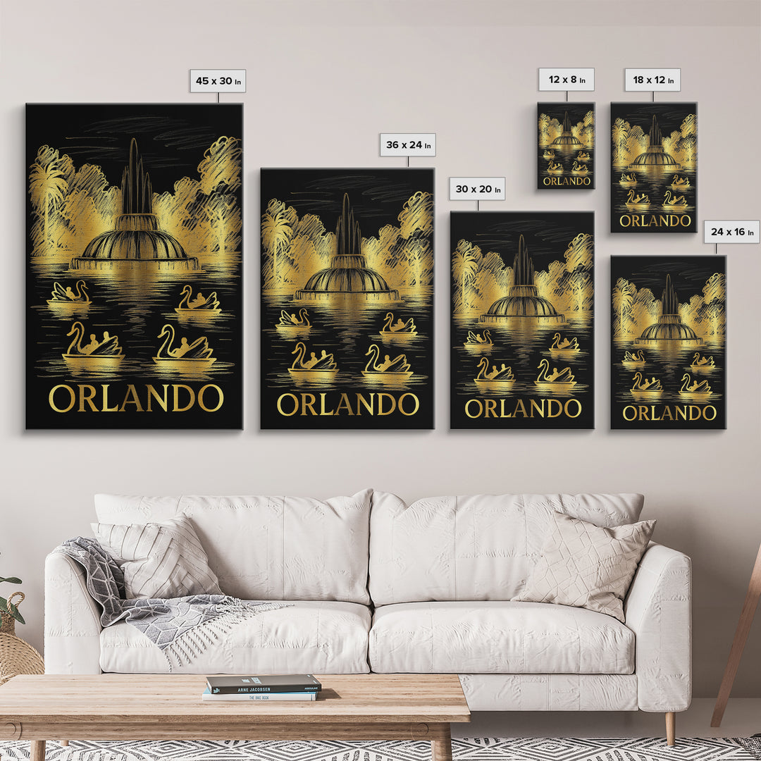 Orlando Travel Poster, Framed Canvas Print, Black And Gold Line Art, Orlando Art Print, Vintage City Poster, City Art Print, Art Print