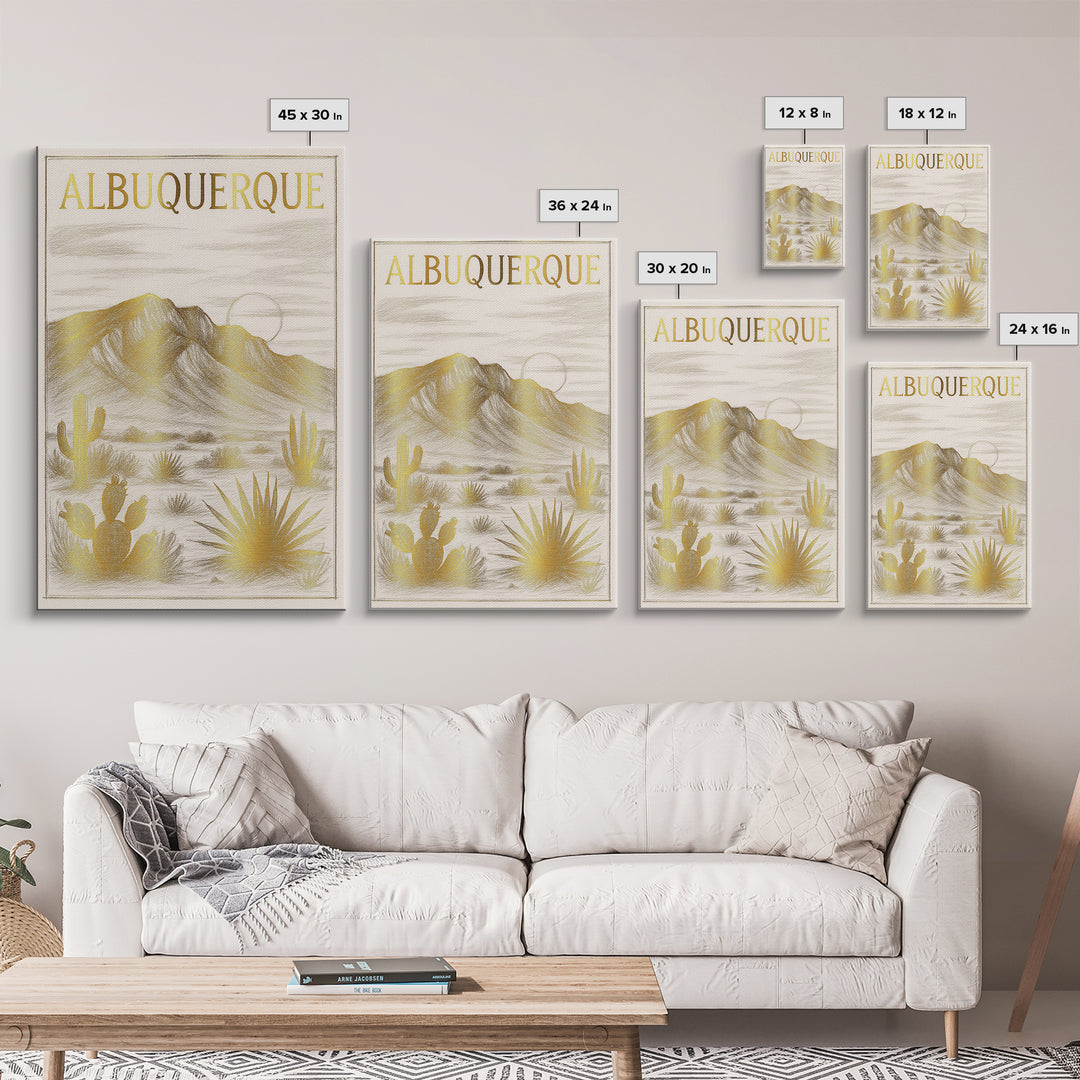 Albuquerque New Mexico Travel Poster, Canvas Print, Gold Line Drawing Wall Art, Albuquerque Art Print, City Art Print, Gift For Travelers