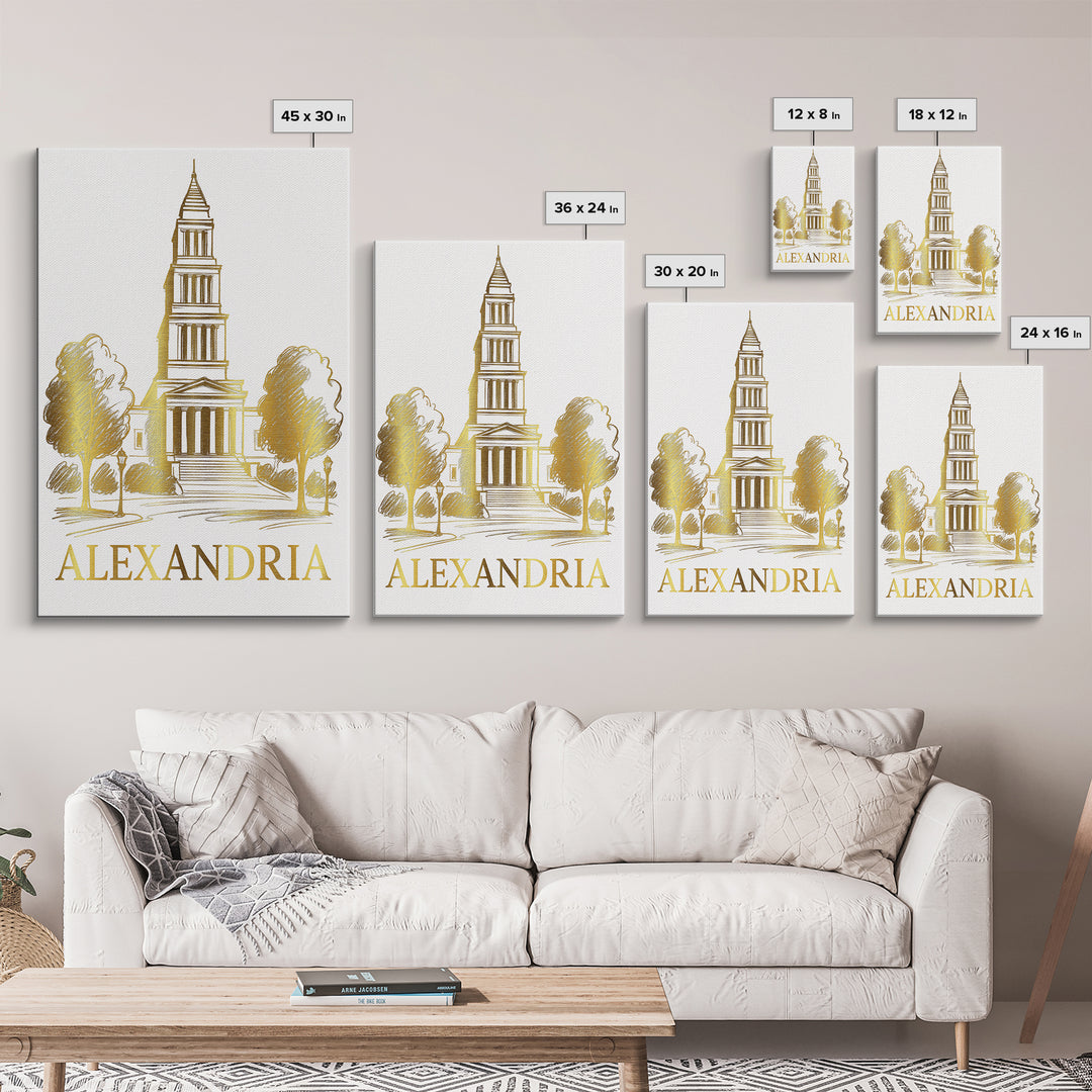Alexandria Travel Poster, Canvas Print, Gold Line Drawing Wall Art, Alexandria Travel Art, Home Office Decor, Travel Wall Decor