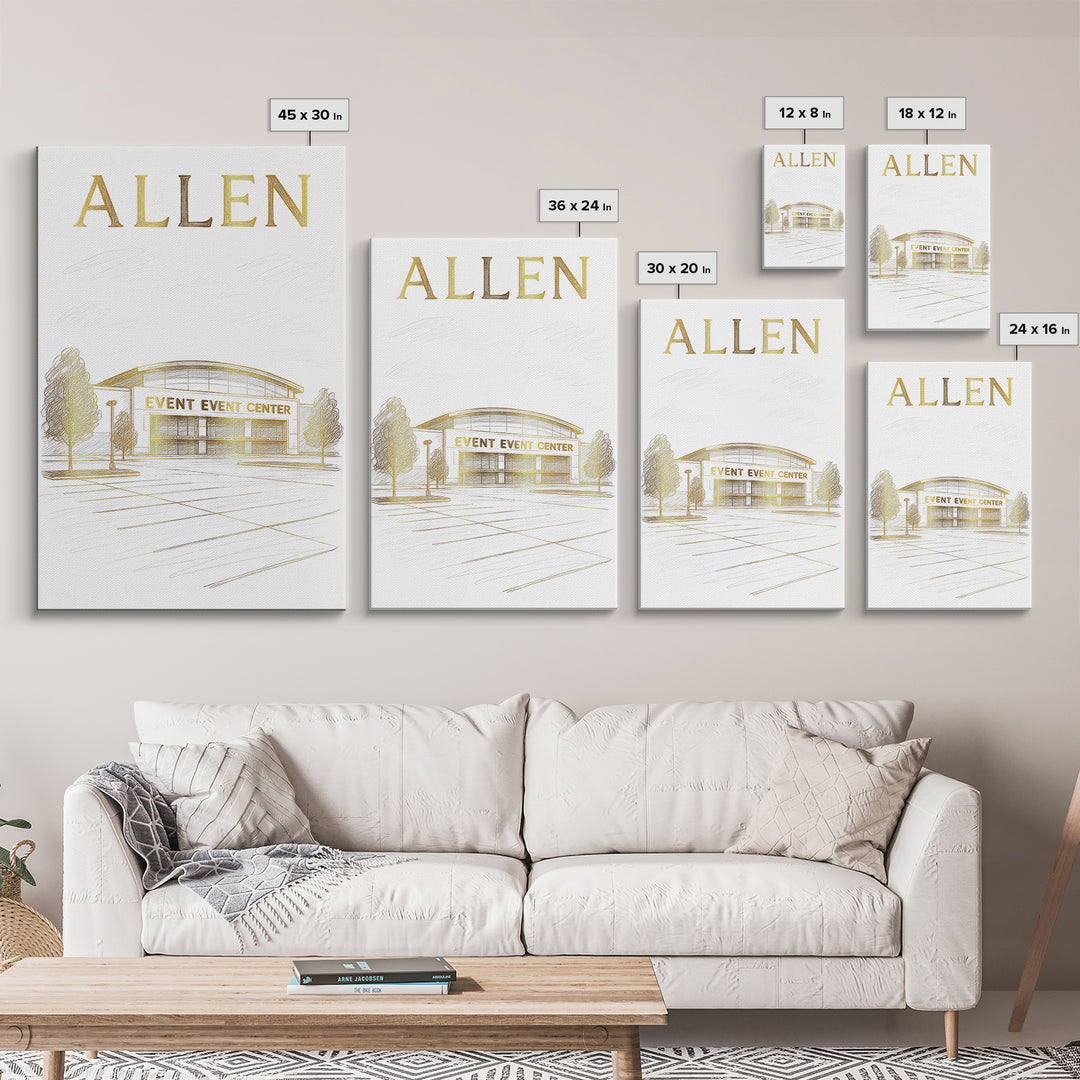 Allen Texas Travel Poster, Canvas Print, Gold Line Drawing Wall Art, Allen Art Print, Office Decor, Wanderlust Decor, Eclectic Wall Decor