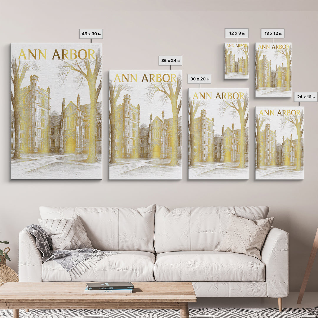 Ann Arbor Michigan Travel Poster, Canvas Print, Gold Line Drawing Wall Art, Ann Arbor Travel Art, Mid Century Wall Art, Travel Wall Decor