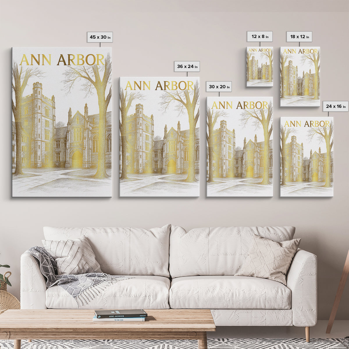 Ann Arbor Michigan Travel Poster, Canvas Print, Gold Line Drawing Wall Art, Ann Arbor Travel Art, Mid Century Wall Art, Travel Wall Decor