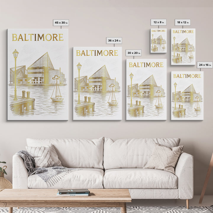 Baltimore Maryland Travel Poster, Framed Canvas Print, White And Gold Sketch Art, Baltimore Art Print, Travel Wall Decor, City Art Print