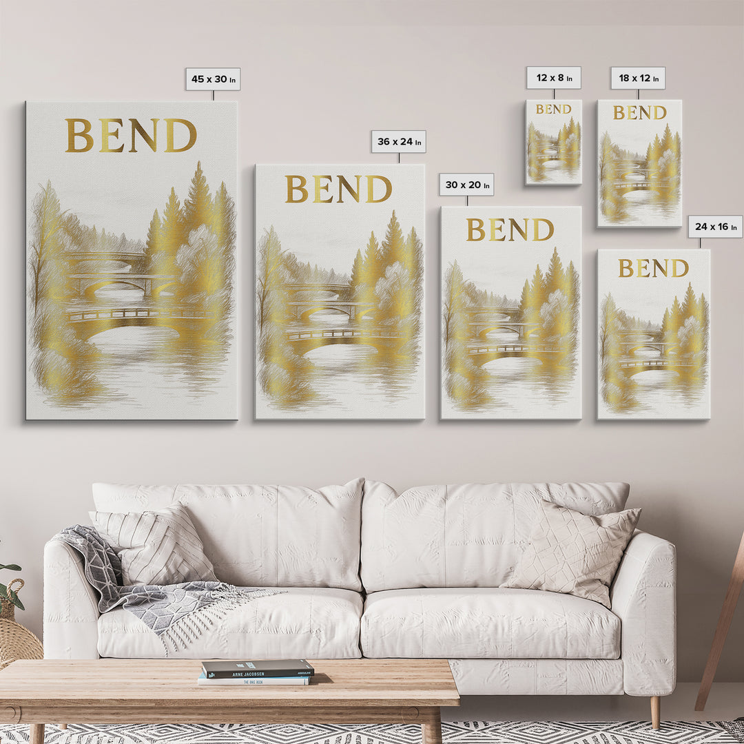 Bend Oregon Travel Poster, Canvas Print, White And Gold Sketch Art, Bend Art Print, Vintage City Poster, City Art Print, Fine Art Print