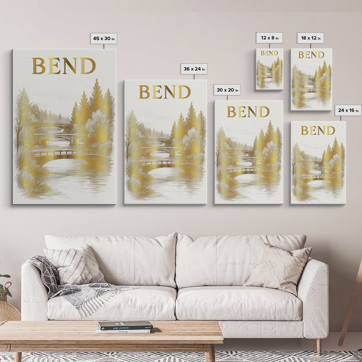 Bend Oregon Travel Poster, Canvas Print, White And Gold Sketch Art, Bend Art Print, Vintage City Poster, City Art Print, Fine Art Print