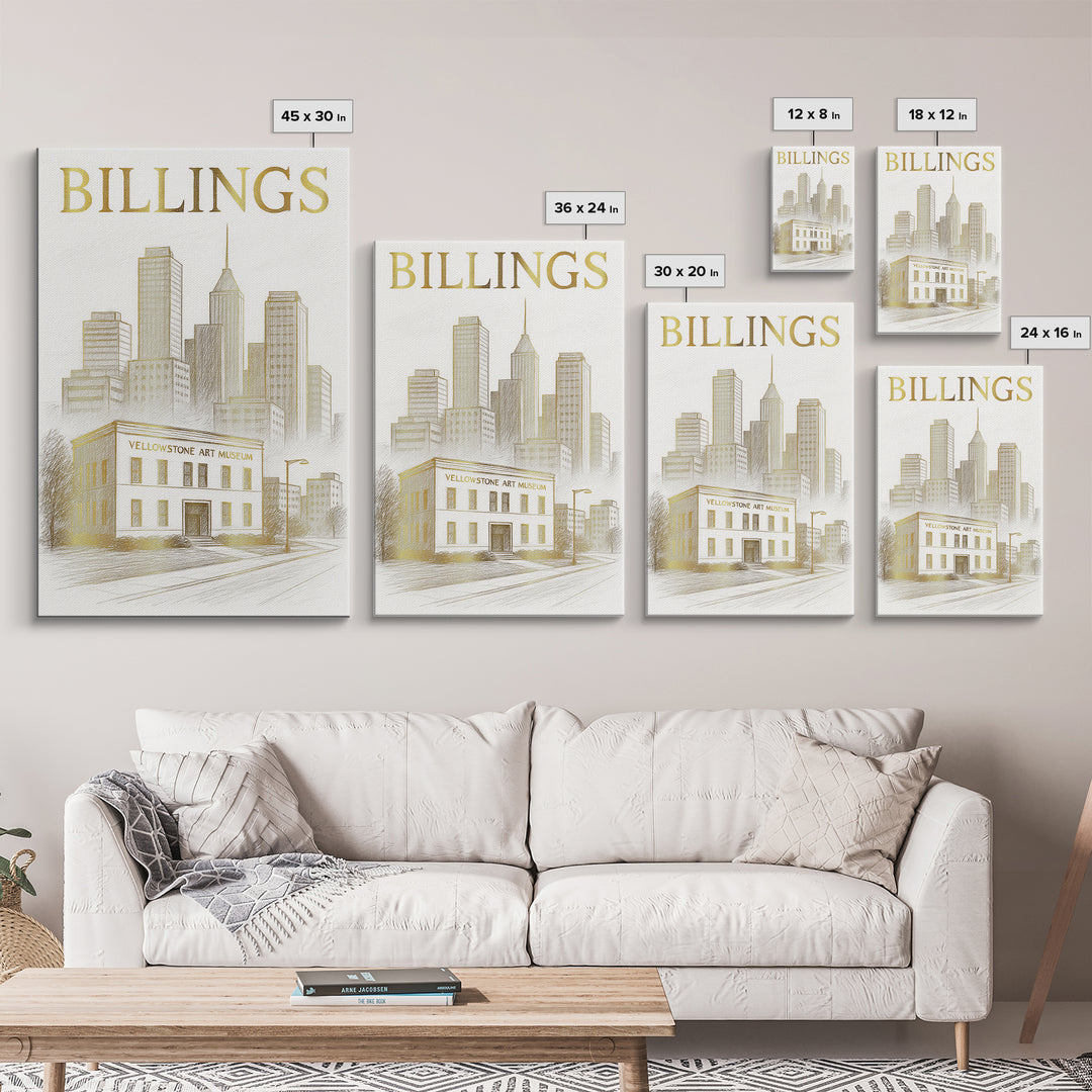 Billings Montana Travel Poster, Framed Canvas Print, Gold Line Drawing Wall Art, Billings Art Print, Travel Wall Art, Travel Wall Decor