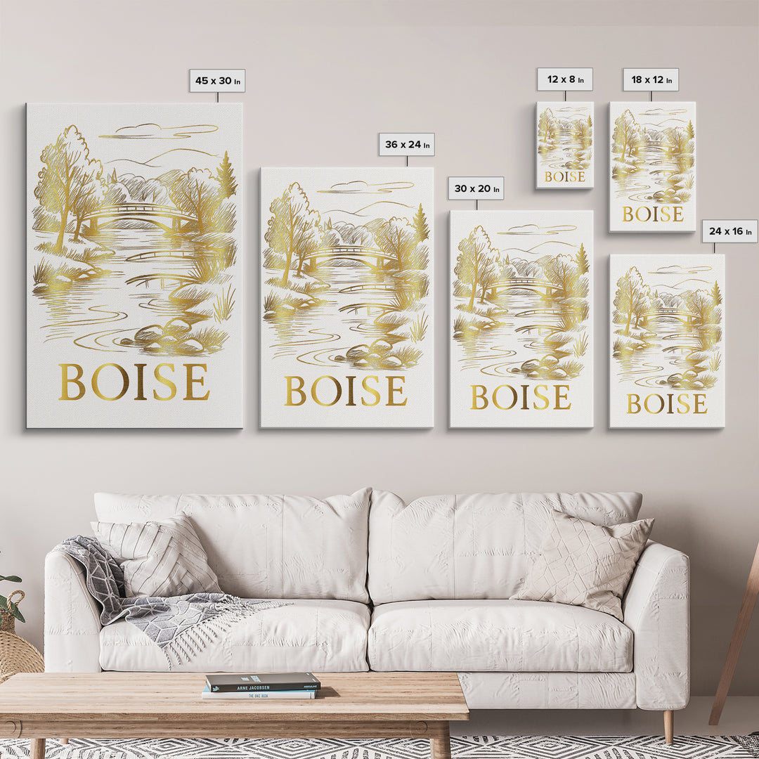 Boise Travel Poster, Canvas Print, White And Gold Sketch Art, Boise Wall Art, Eclectic Wall Decor, Wanderlust Decor, Travel Wall Art