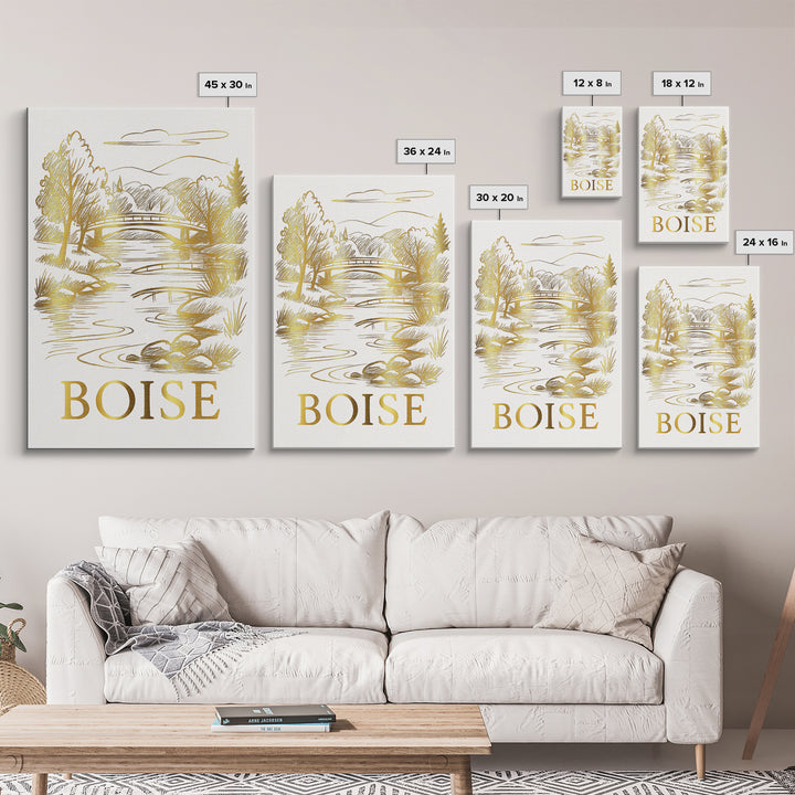 Boise Travel Poster, Canvas Print, White And Gold Sketch Art, Boise Wall Art, Eclectic Wall Decor, Wanderlust Decor, Travel Wall Art