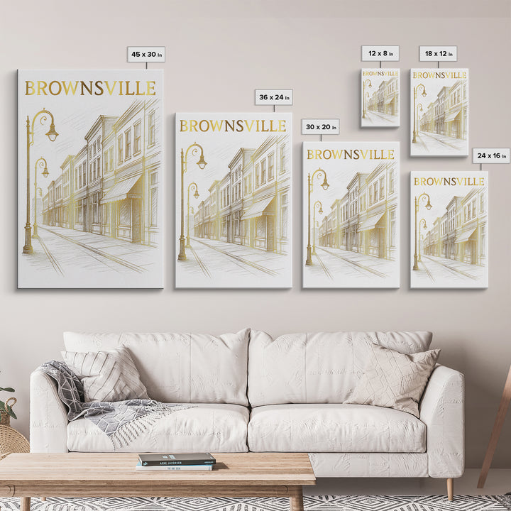 Brownsville Texas Travel Poster, Canvas Print, Gold Line Drawing Wall Art, Brownsville Wall Art, Eclectic Wall Decor, City Art Print