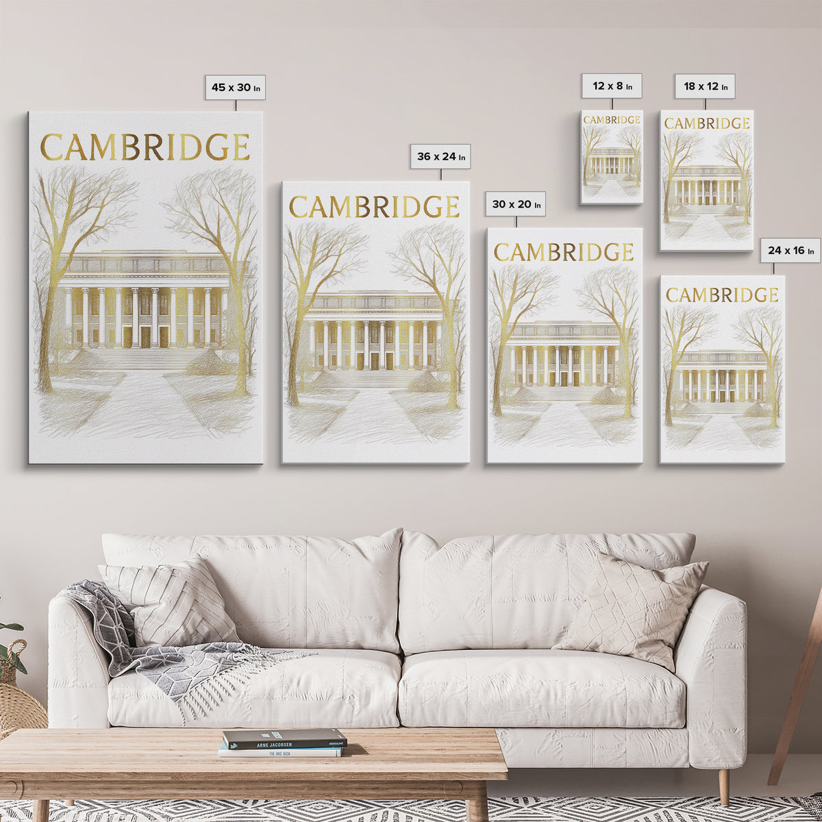 Cambridge Massachusetts Travel Poster, Canvas Print, Gold Line Drawing Wall Art, Cambridge City Art, Travel Art Print, Vintage City Art