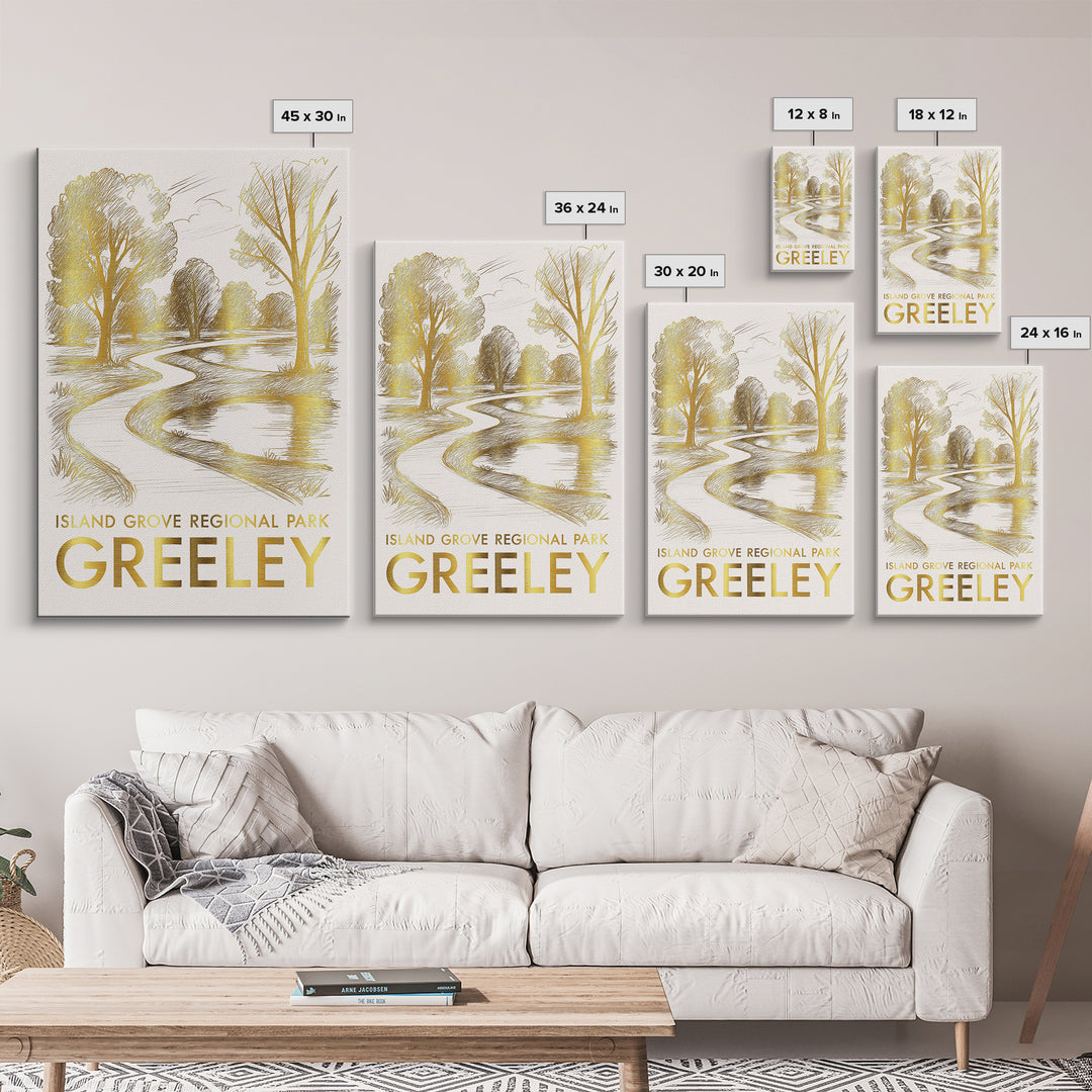Greeley Travel Poster, Canvas Print, Gold Line Drawing Wall Art, Greeley Poster Print, Vintage Travel Art, Vintage City Poster