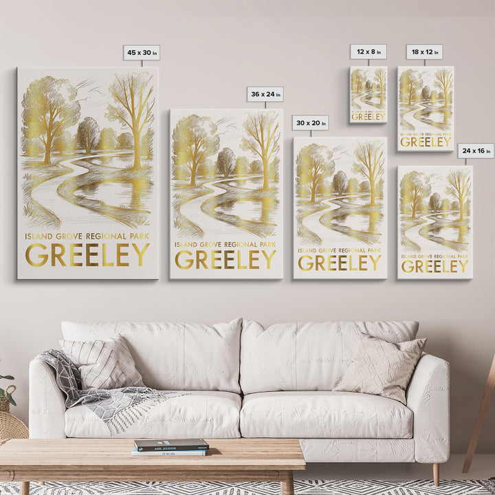 Greeley Travel Poster, Canvas Print, Gold Line Drawing Wall Art, Greeley Poster Print, Vintage Travel Art, Vintage City Poster