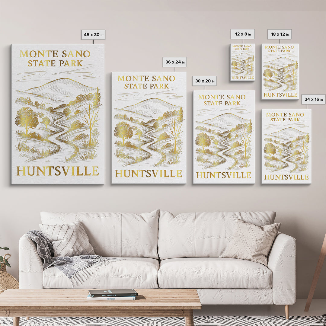 Huntsville Travel Poster, Canvas Print, White And Gold Sketch Art, Huntsville City Art, Home Office Decor, Mid Century Wall Art