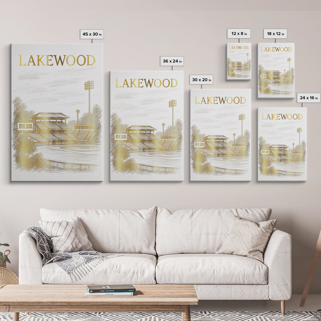 Lakewood Travel Poster, Framed Canvas Print, White And Gold Sketch Art, Lakewood Wall Art, Home Office Decor, Mid Century Wall Art