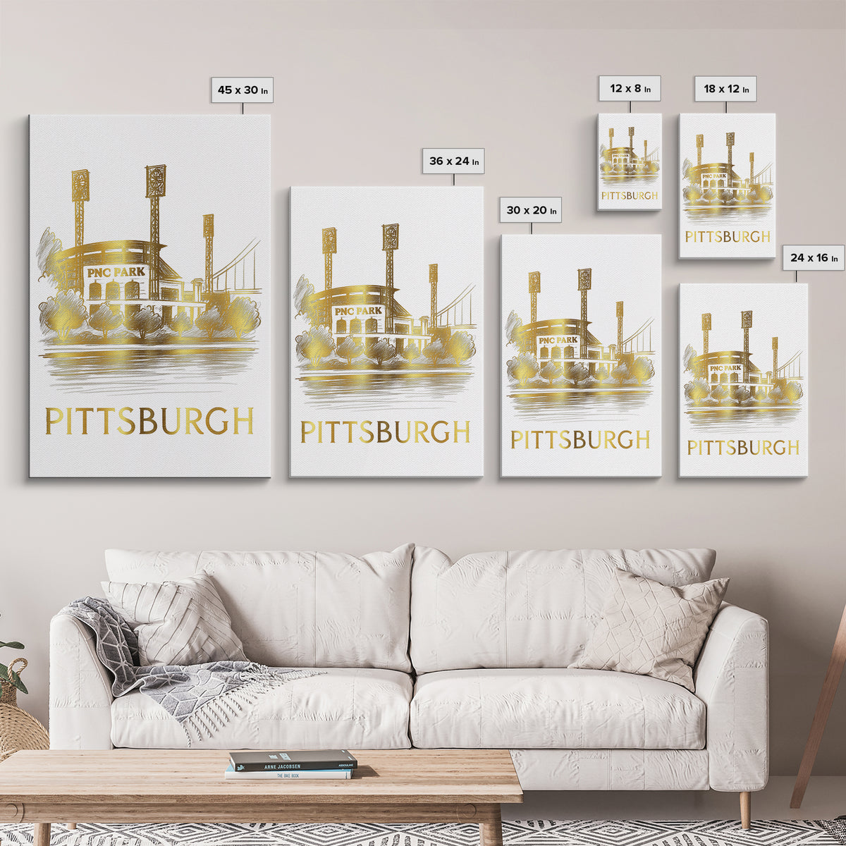 Pittsburg Travel Poster, Canvas Print, White And Gold Sketch Art, Pittsburg Wall Art, Retro Travel Print, Travel Wall Art, Vintage City Art