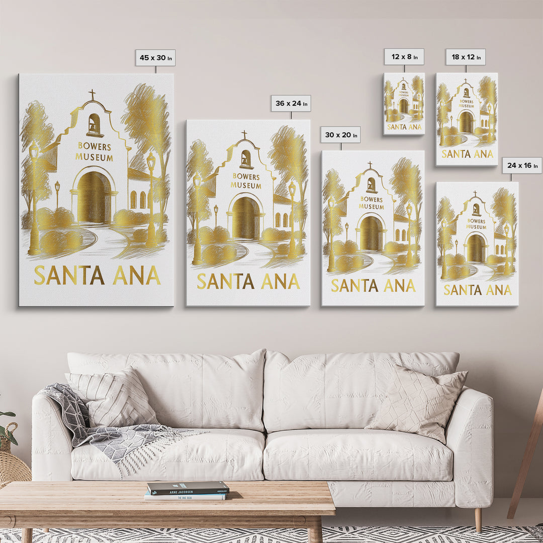 Santa Ana Travel Poster, Framed Canvas Print, White And Gold Sketch Art, Santa Ana Poster Print, Gift For Travelers, Vintage City Poster