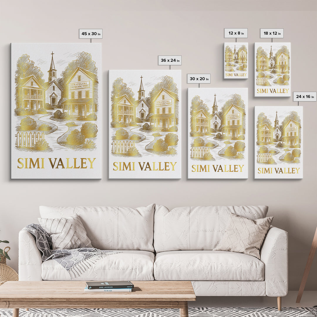 Simi Valley Travel Poster, Framed Canvas Print, White And Gold Sketch Art, Simi Valley Wall Art, Mid Century Wall Art, Retro Travel Print