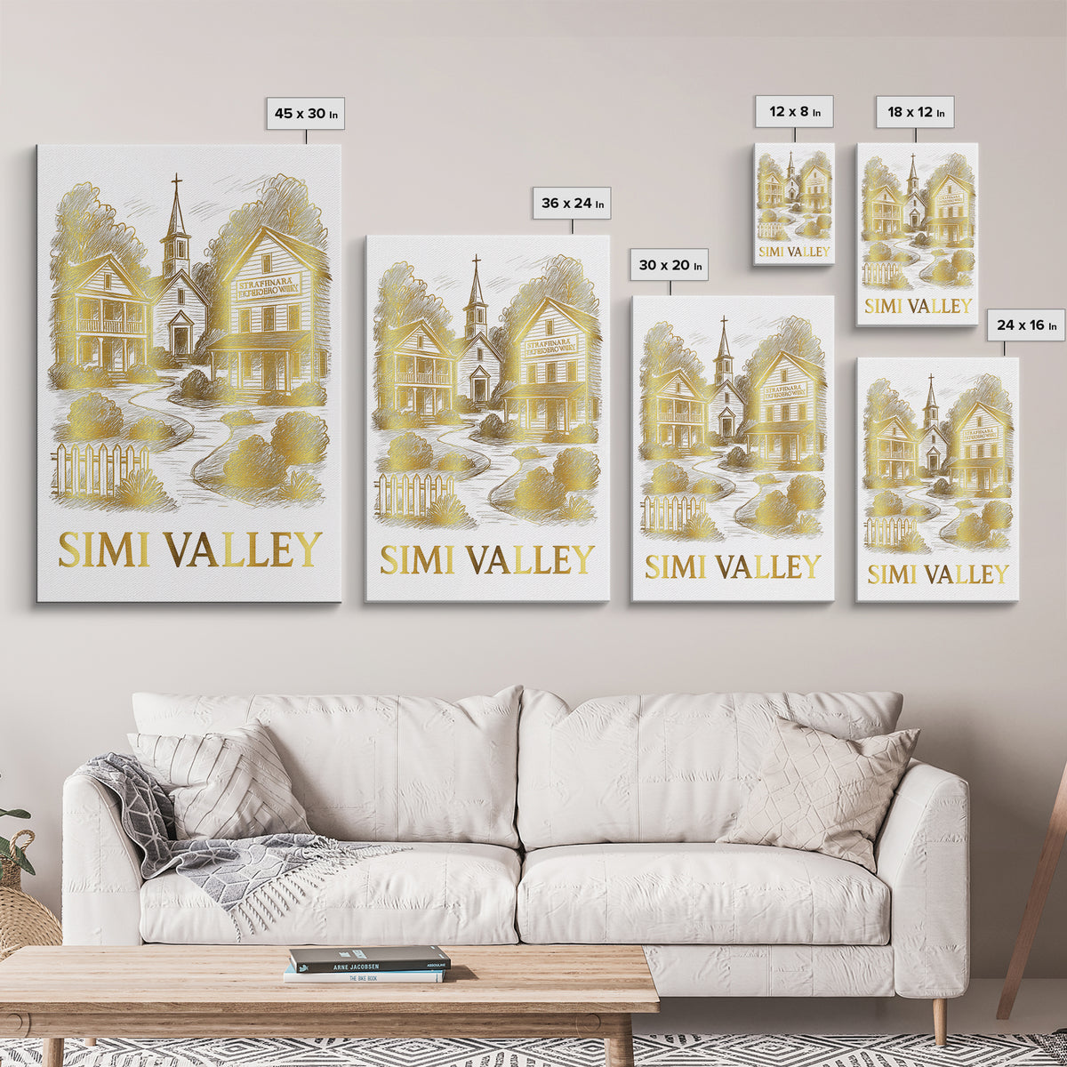 Simi Valley Travel Poster, Framed Canvas Print, White And Gold Sketch Art, Simi Valley Wall Art, Mid Century Wall Art, Retro Travel Print