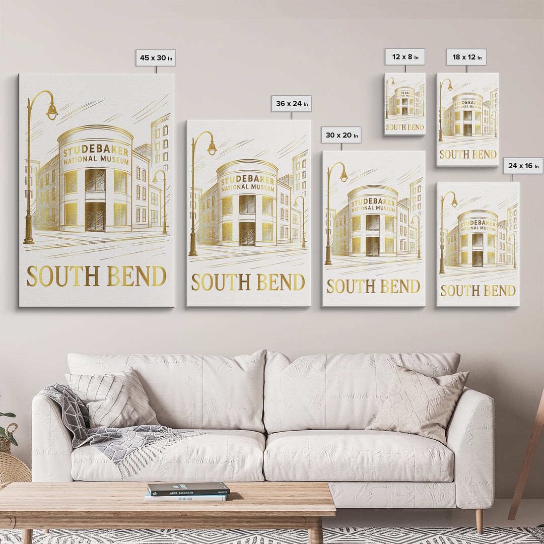 South Bend Travel Poster, Canvas Print, White And Gold Sketch Art, South Bend Wall Art, Modern Wall Decor, Eclectic Wall Decor