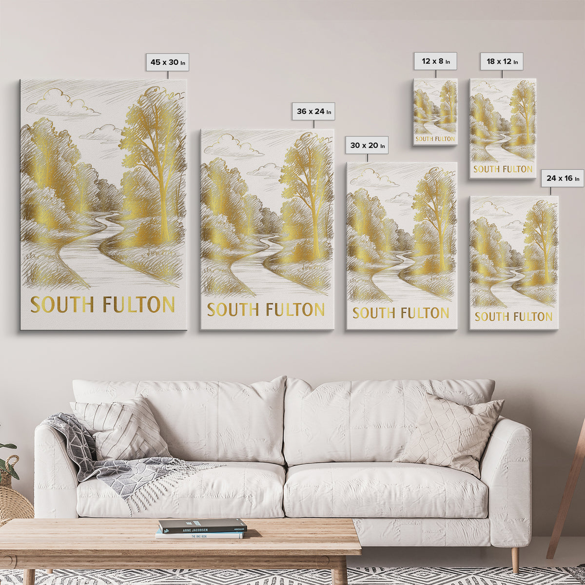 South Fulton Travel Poster, Canvas Print, Gold Line Drawing Wall Art, South Fulton Wall Art, Modern Wall Decor, Mid Century Wall Art