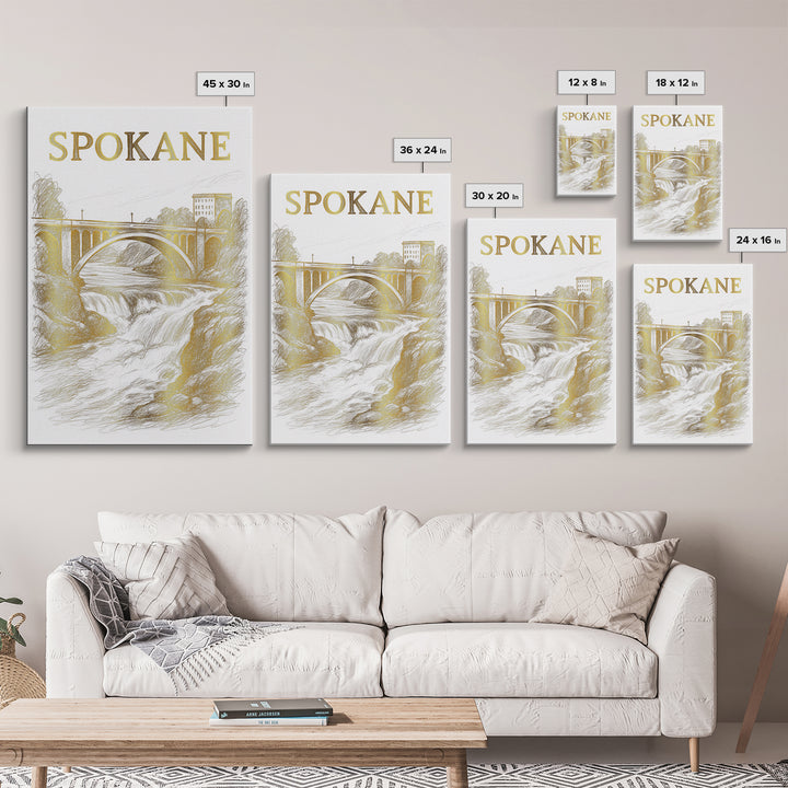 Spokane Washington Travel Poster, Canvas Print, Gold Line Drawing Wall Art, Spokane Travel Art, Retro Travel Print, Vintage Travel Art