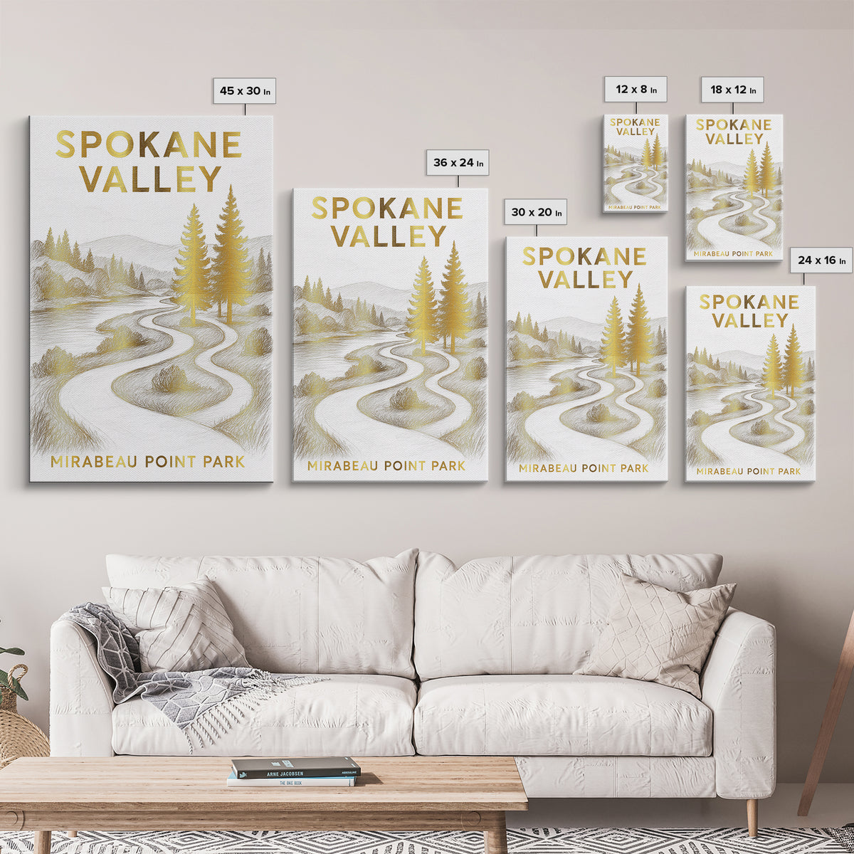 Spokane Valley Washington Travel Poster, Canvas Print, White And Gold Sketch Art, Spokane Valley Art Print, Watercolor Skyline, Wall Art