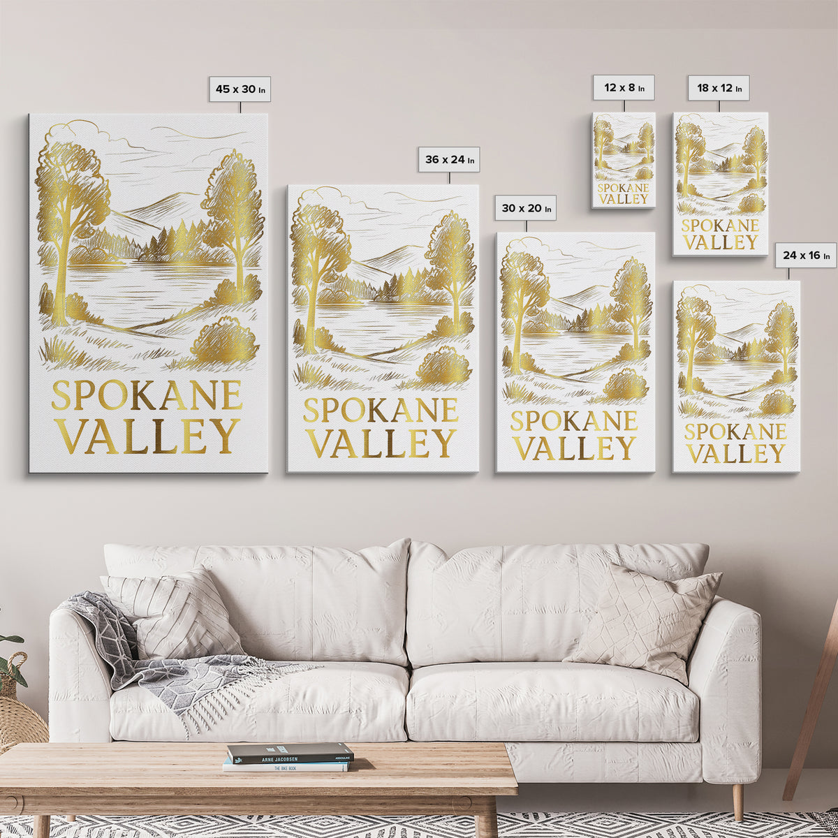 Spokane Valley Travel Poster, Framed Canvas Print, Gold Line Drawing Wall Art, Spokane Valley Travel Art, Travel Poster Set, Wall Art