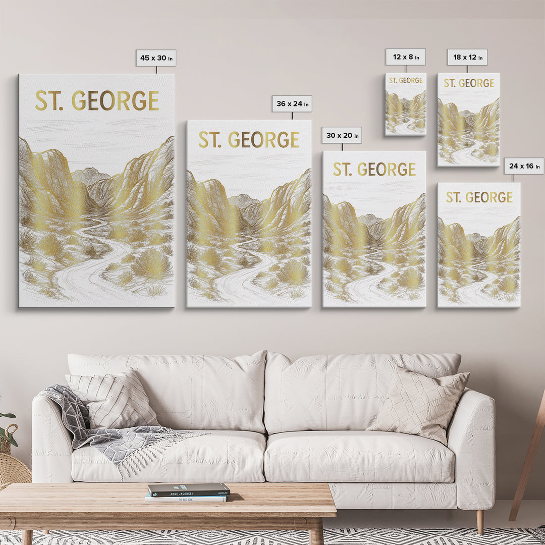 St George Utah Travel Poster, Canvas Print, White And Gold Sketch Art, St George Wall Art, Fine Art Print, Poster Art, Travel Poster Set