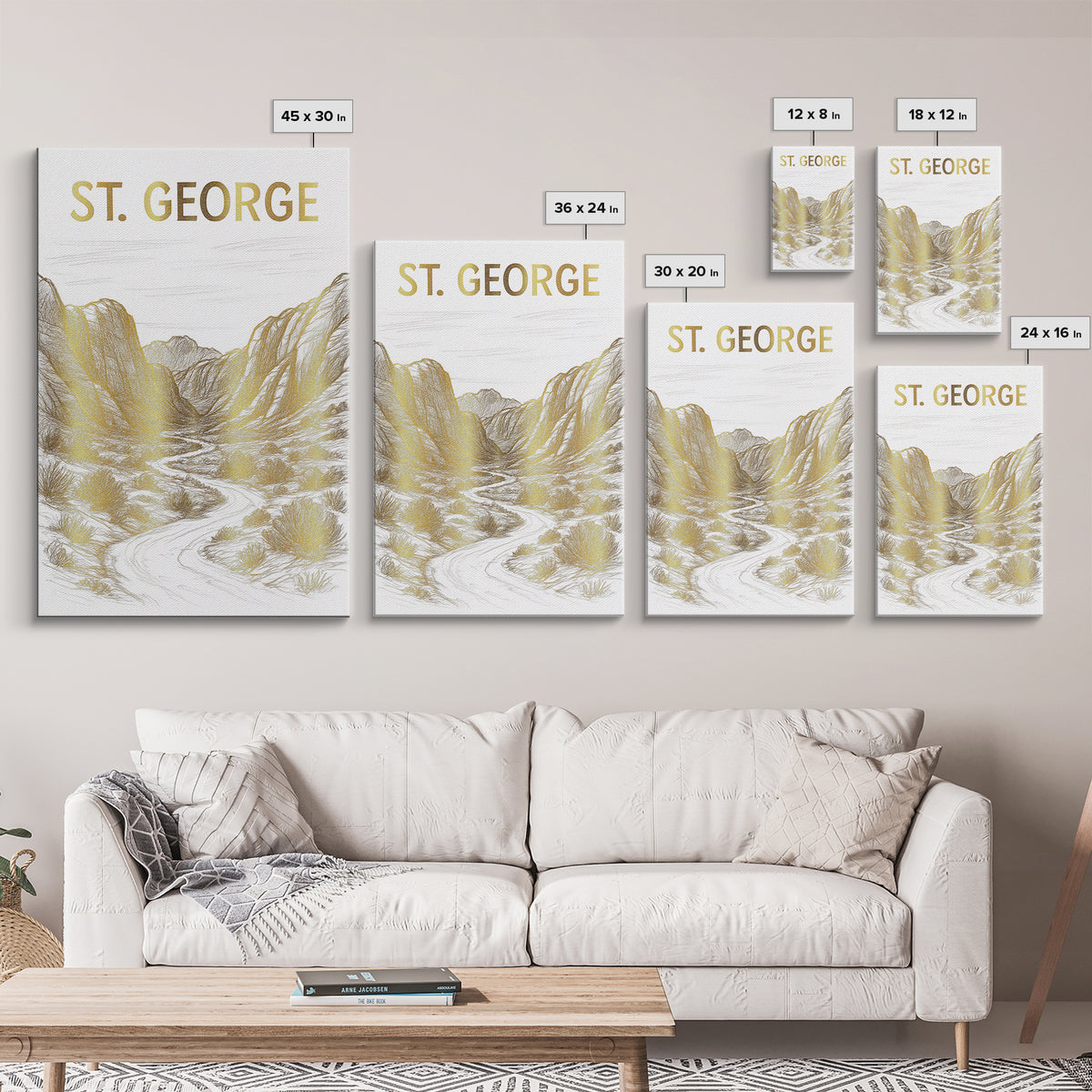 St George Utah Travel Poster, Canvas Print, White And Gold Sketch Art, St George Wall Art, Fine Art Print, Poster Art, Travel Poster Set