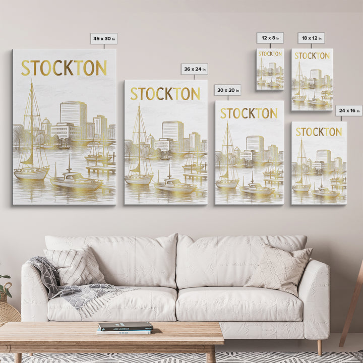 Stockton California Travel Poster, Canvas Print, White And Gold Sketch Art, Stockton Art Print, City Travel Prints, Wall Decor, Home Decor