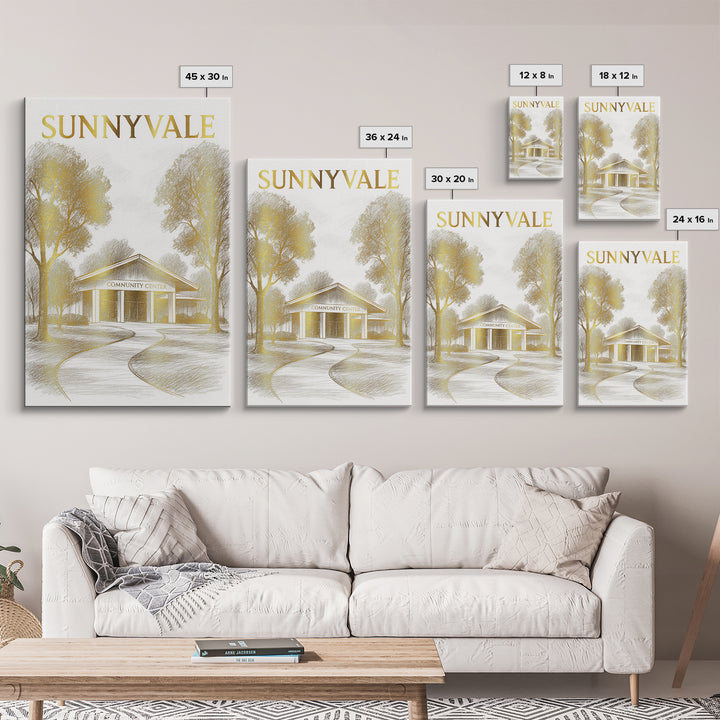 Sunnyvale California Travel Poster, Canvas Print, Gold Line Drawing Wall Art, Sunnyvale Wall Art, Travel Poster Art, Living Room Wall Art