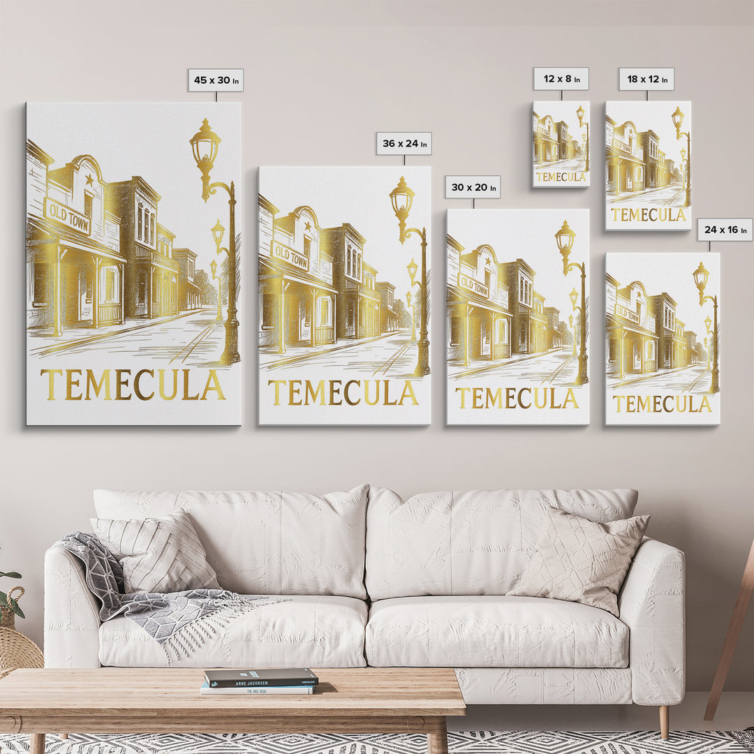 Temecula Travel Poster, Canvas Print, White And Gold Sketch Art, Temecula Travel Art, Vintage City Poster, Travel Poster Art, Design 2