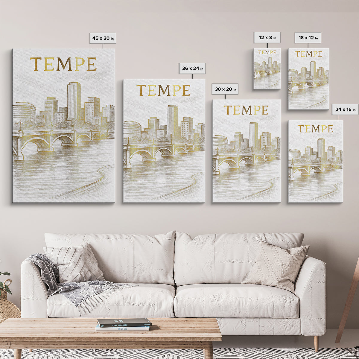 Tempe Arizona Travel Poster, Framed Canvas Print, White And Gold Sketch Art, Tempe City Art, Mid Century Wall Art, Eclectic Wall Decor