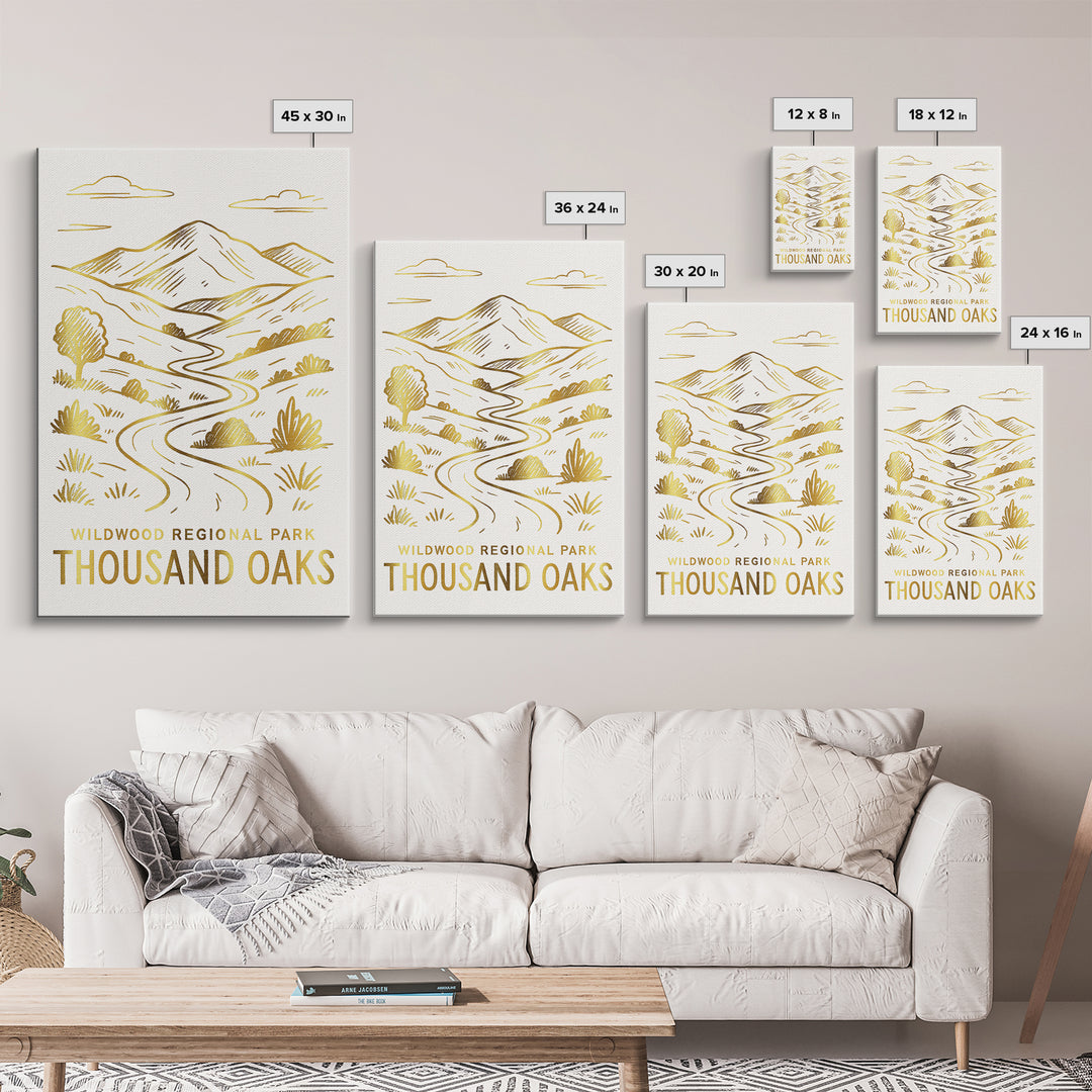 Thousand Oaks Travel Poster, Canvas Print, White And Gold Sketch Art, Thousand Oaks City Art, Home Office Decor, Fine Art Print