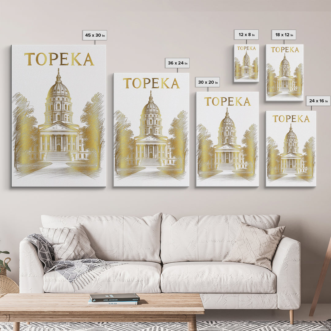 Topeka Kansas Travel Poster, Framed Canvas Print, Gold Line Drawing Wall Art, Topeka Poster Print, Gift For Travelers, Travel Poster Art