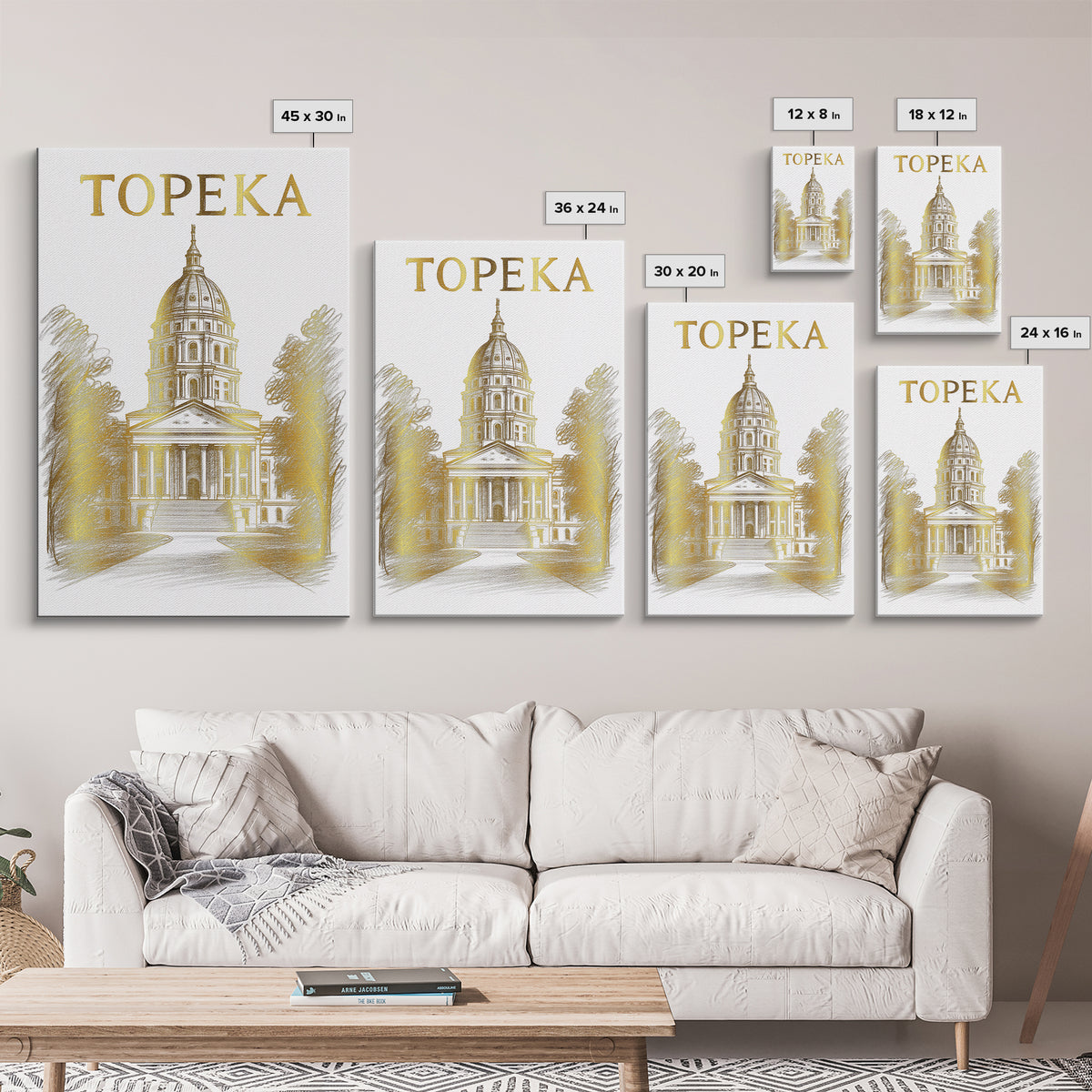 Topeka Kansas Travel Poster, Framed Canvas Print, Gold Line Drawing Wall Art, Topeka Poster Print, Gift For Travelers, Travel Poster Art