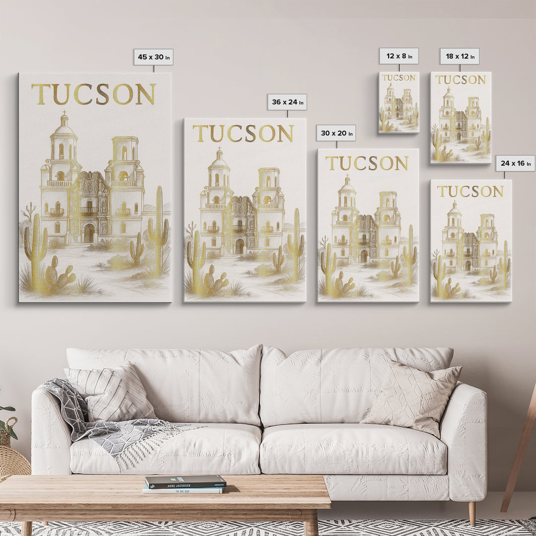 Tucson Arizona Travel Poster, Canvas Print, White And Gold Sketch Art, Tucson Poster Print, Vintage City Art, Travel Art, Retro Travel Print