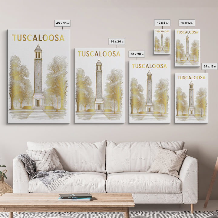 Tuscaloosa Alabama Travel Poster, Framed Canvas Print, White And Gold Sketch Art, Tuscaloosa City Art, Home Office Decor, Modern Wall Decor