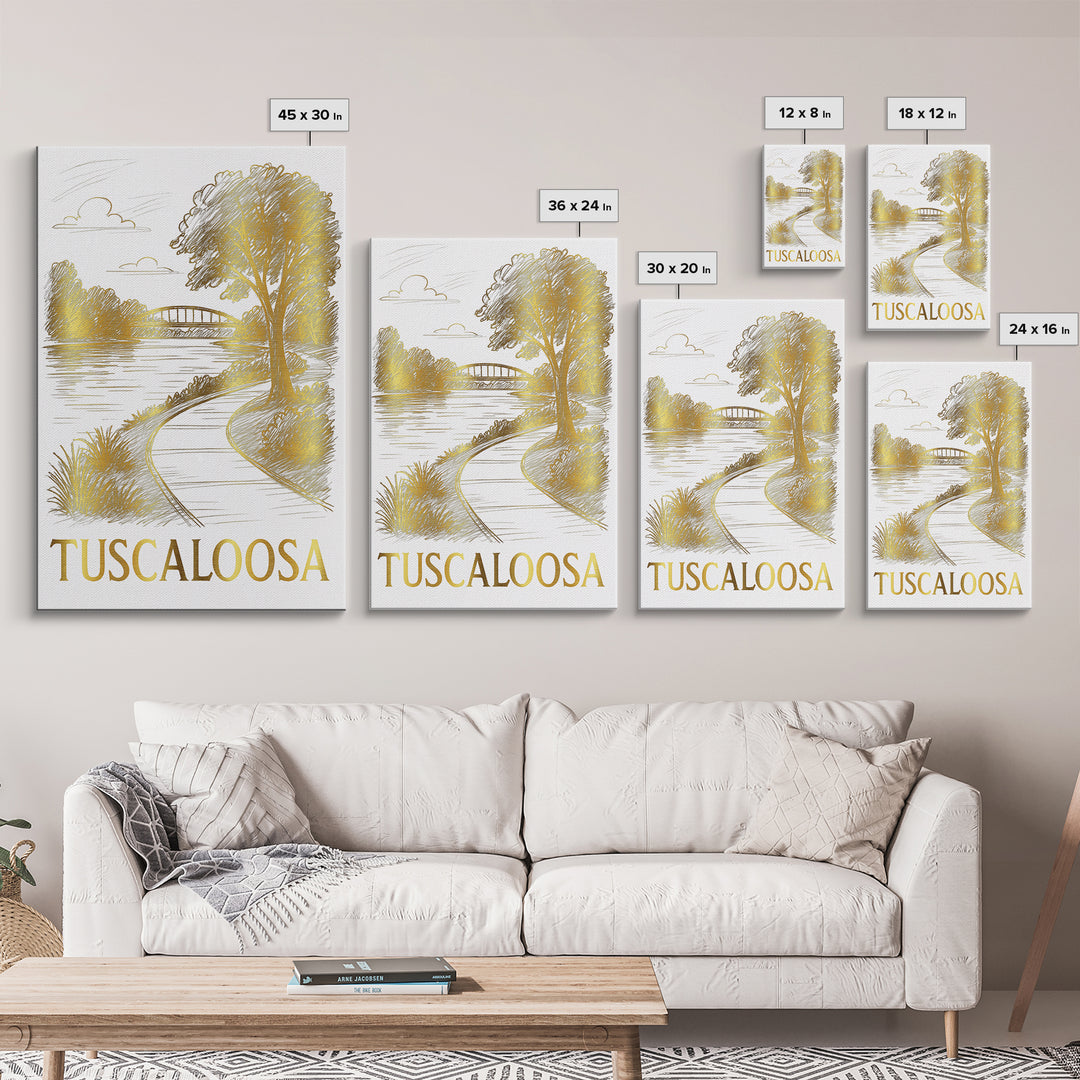 Tuscaloosa Travel Poster, Framed Canvas Print, White And Gold Sketch Art, Tuscaloosa Art Print, Travel Wall Decor, Eclectic Wall Decor