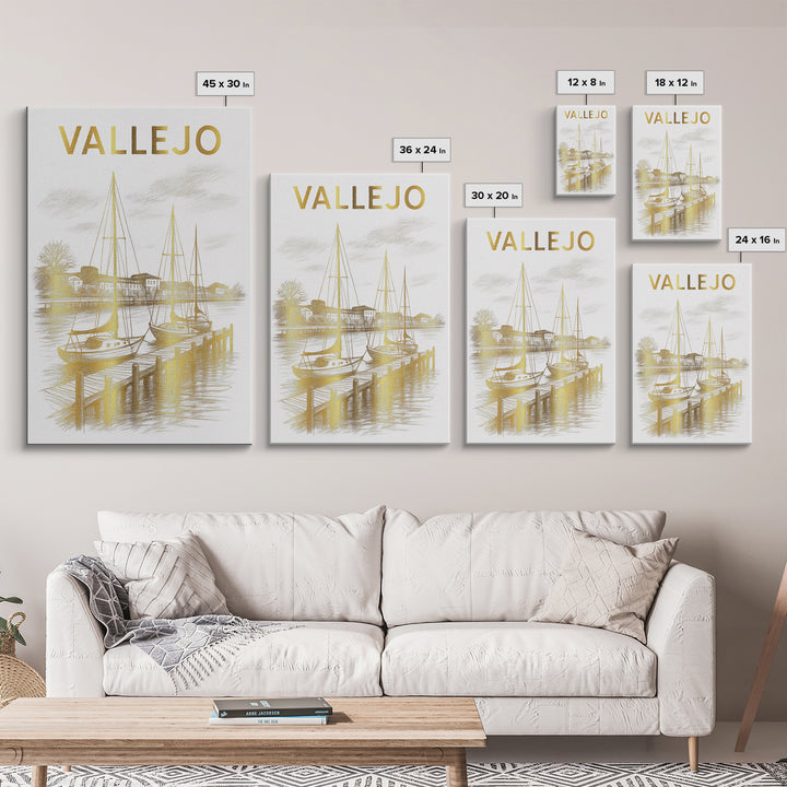 Vallejo California Travel Poster, Framed Canvas Print, White And Gold Sketch Art, Vallejo Poster Print, City Art Print, City Illustration