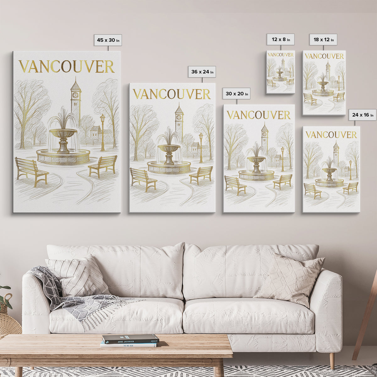 Vancouver Washington Travel Poster, Canvas Print, Gold Line Drawing Wall Art, Vancouver Travel Art, Home Office Decor, Living Room Wall Art