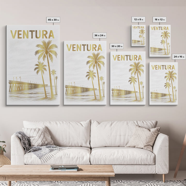 Ventura California Travel Poster, Framed Canvas Print, White And Gold Sketch Art, Ventura City Art, Watercolor Skyline, Travel Poster Art