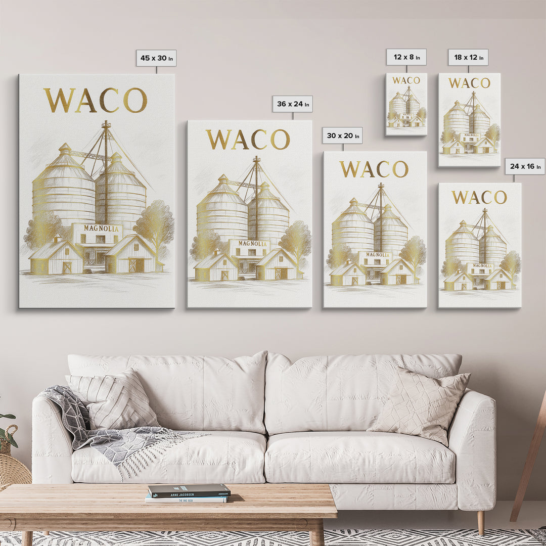 Waco Texas Travel Poster, Framed Canvas Print, White And Gold Sketch Art, Waco Poster Print, Vintage City Poster, City Travel Prints